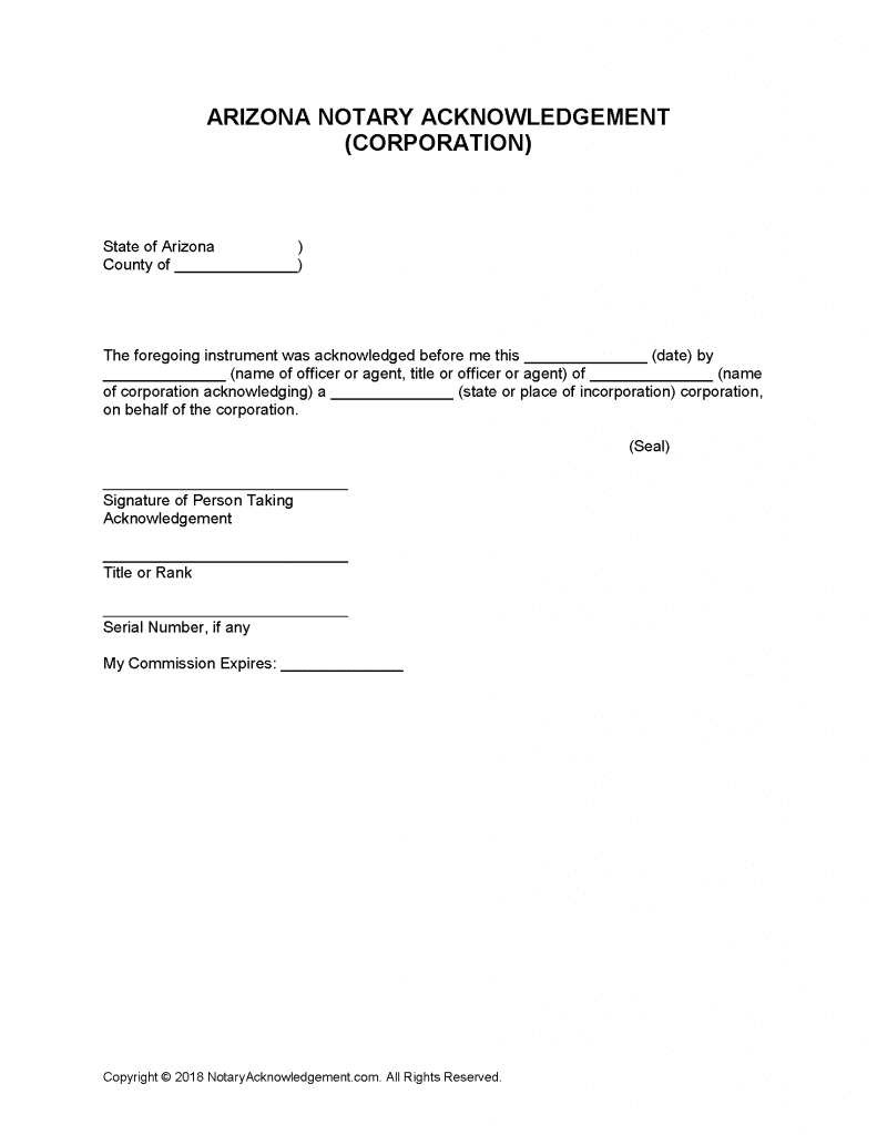 Free Arizona Notary Acknowledgement - Corporation - PDF - Word
