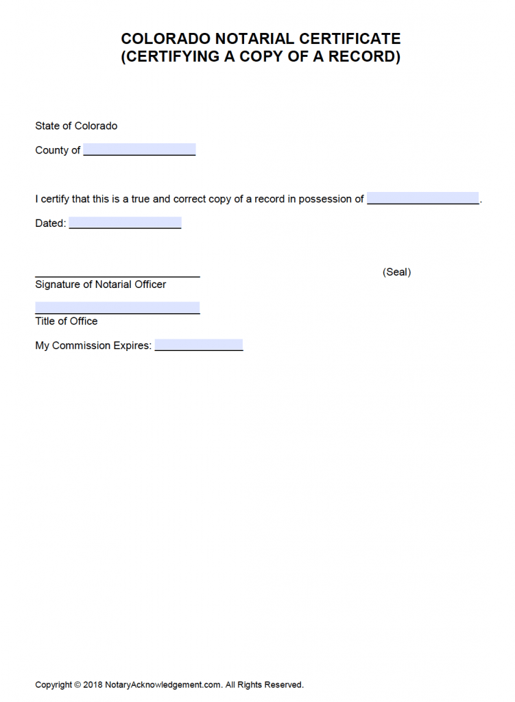 Free Colorado Notarial Certificate Certifying a Copy of a Record