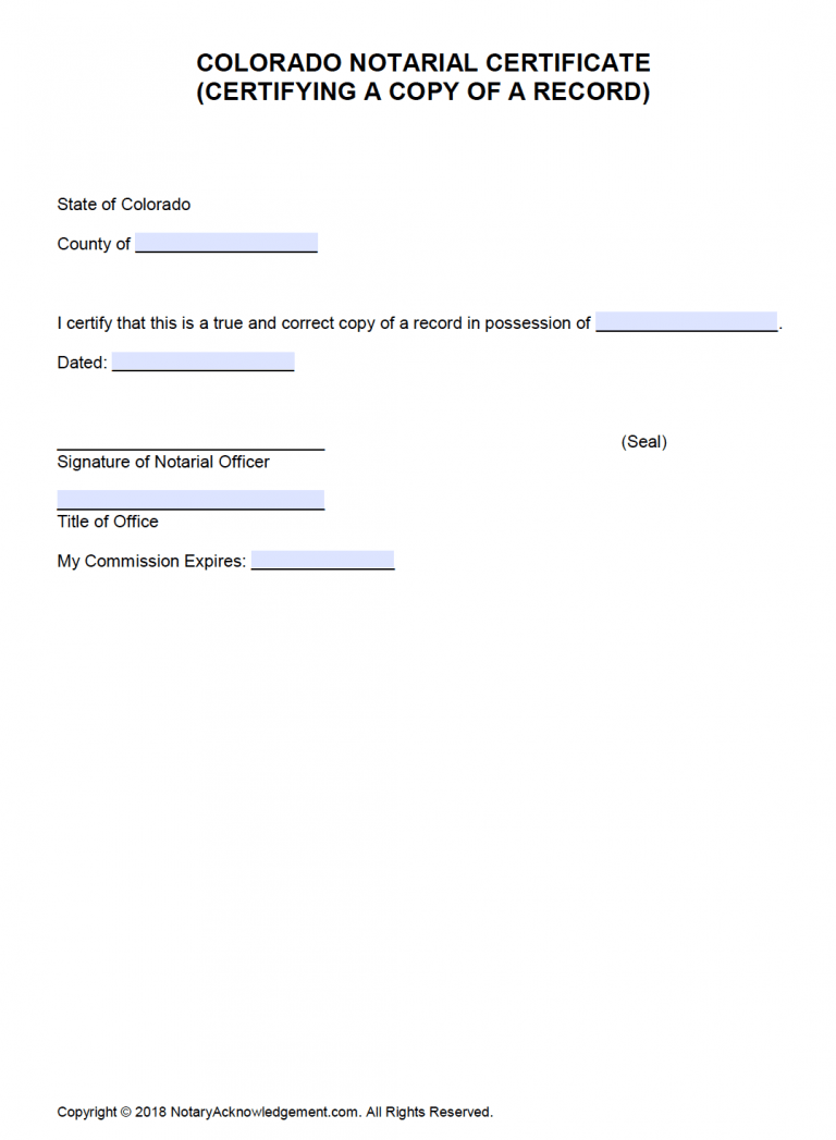 Free Colorado Notarial Certificate Certifying a Copy of a Record