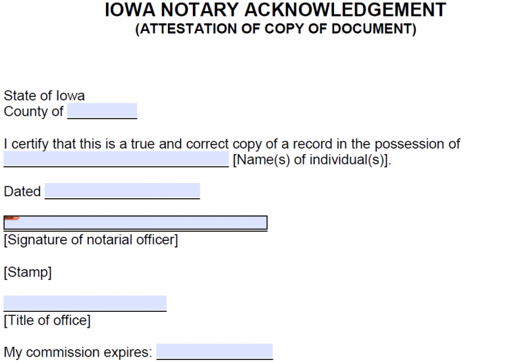 Free Iowa Notarial Certificate - Attestation of Copy - PDF - Word