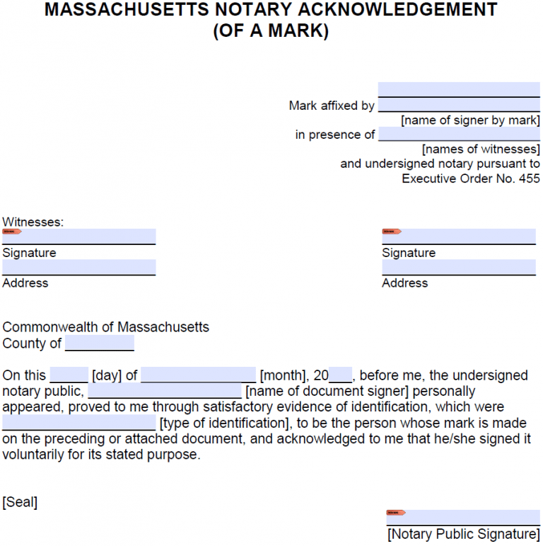 Free Massachusetts Notary Acknowledgement (Mark) PDF Word