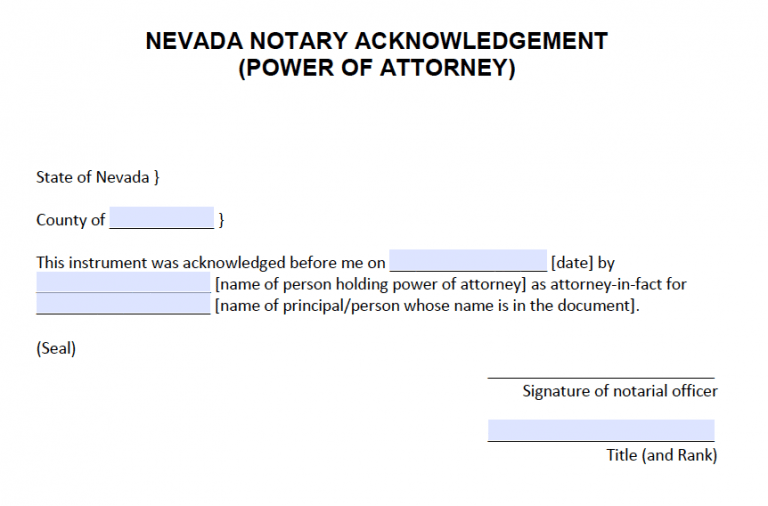 Free Nevada Notary Acknowledgement Power Of Attorney Pdf Word 4945