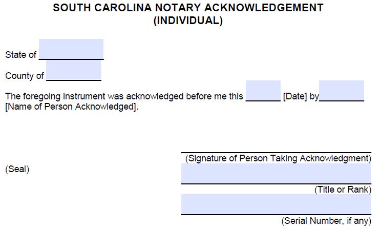 Free South Carolina Notary Acknowledgement Individual Pdf Word 7442