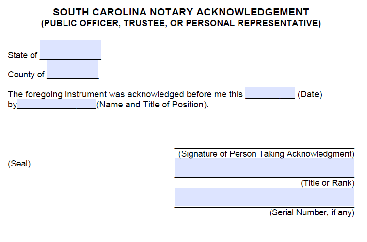 Free South Carolina Notary Acknowledgement Public Officer Trustee Personal Representative 9463