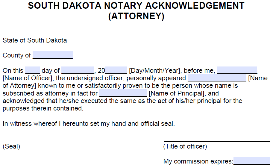 Free South Dakota Notary Acknowledgement Form Attorney PDF Word