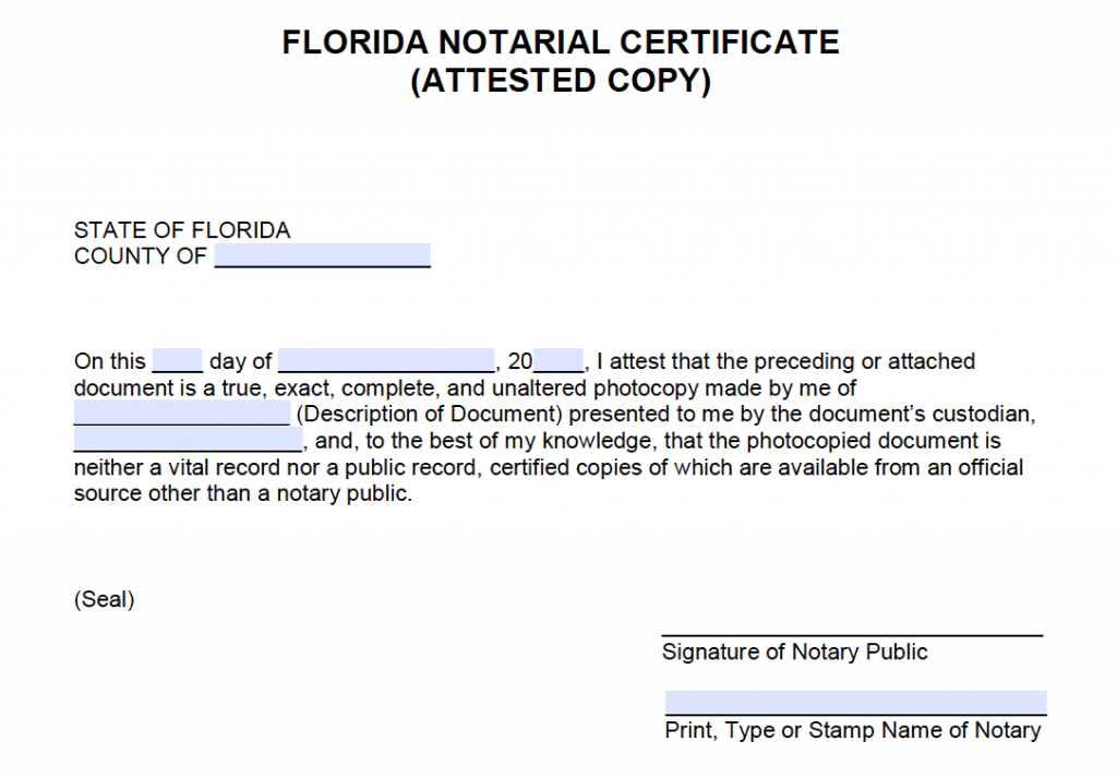 Free Florida Notarial Certificate Attested Copy PDF Word