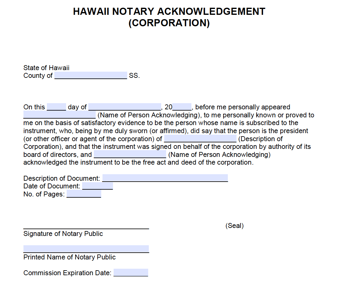 Free Hawaii Notary Acknowledgement Form PDF Word