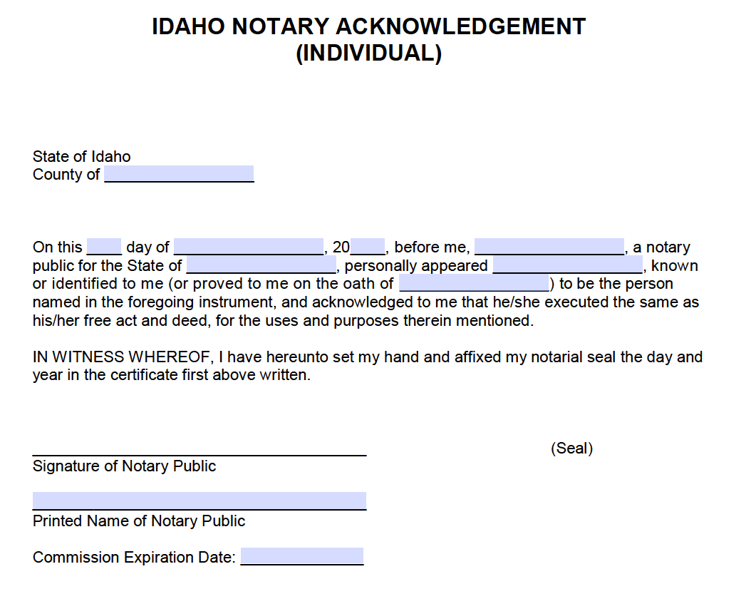 Free Idaho Notary Acknowledgement Forms Pdf Word 6558