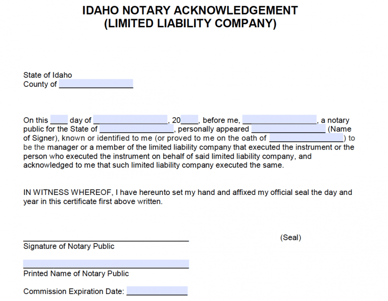 Free Idaho Notary Acknowledgement - Limited Liability Company - PDF - Word