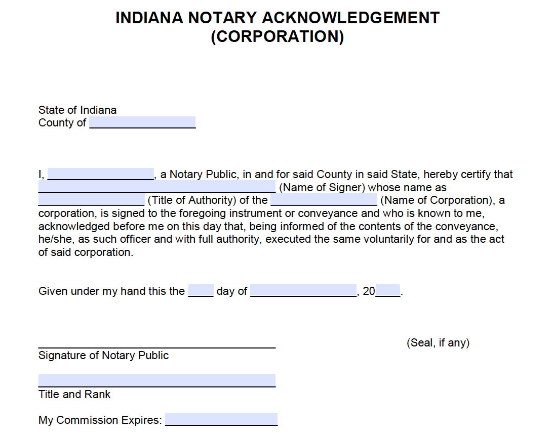 Indiana Notary Acknowledgement Forms Archives Notary Acknowledgement