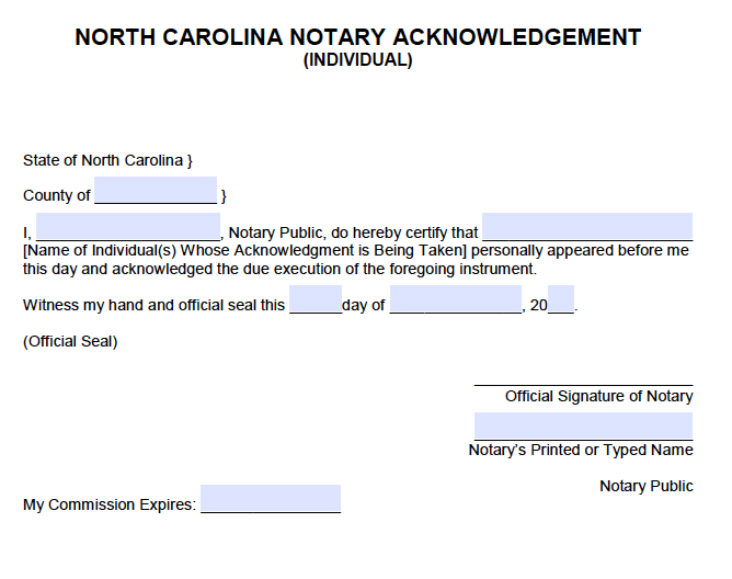 Free North Carolina Individual Notary Acknowledgement Pdf Word 8238