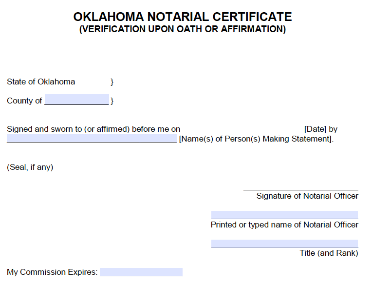 Free Oklahoma Notary Acknowledgement Forms Pdf Word 6288