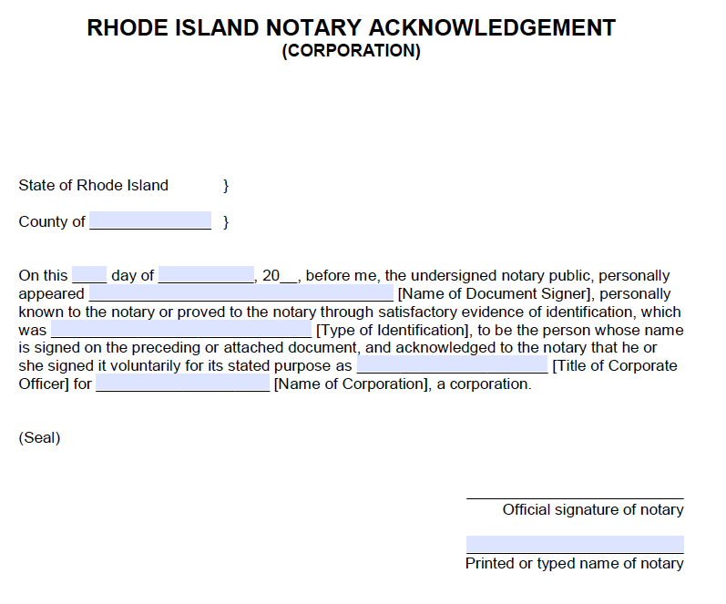 Free Rhode Island Notary Acknowledgement Corporation PDF Word