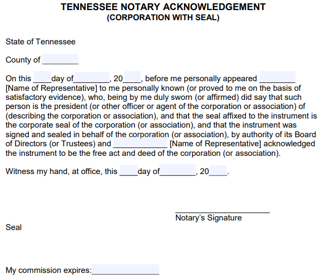 Free Tennessee Notary Acknowledgement Forms PDF Word