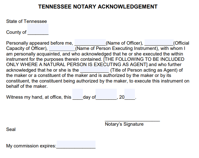 Free Tennessee Notary Acknowledgement General Acknowledgement PDF