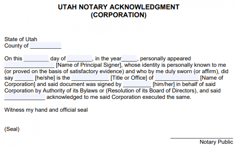 Free Utah Notary Acknowledgement Forms Pdf Word 0387
